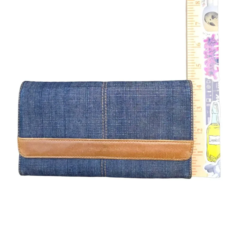 Guess Y2K Denim Trifold Wallet with Tan Leather Trim Blue Jean Clutch - Picture 7 of 8